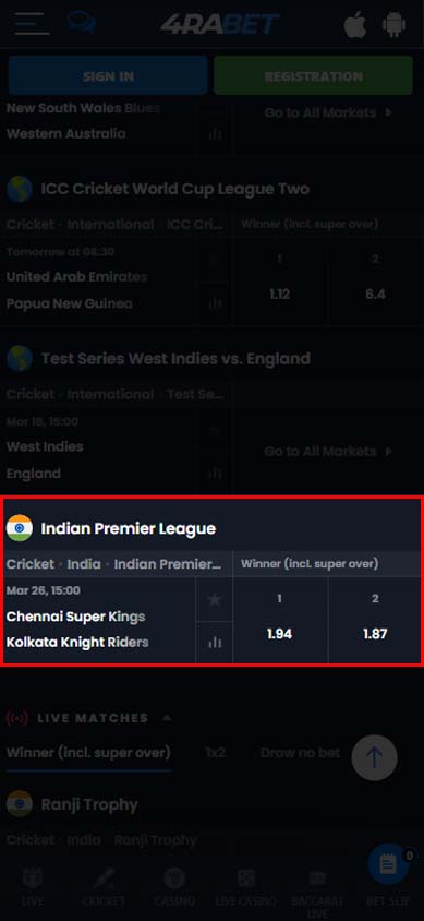 4rabet choose an IPL match.