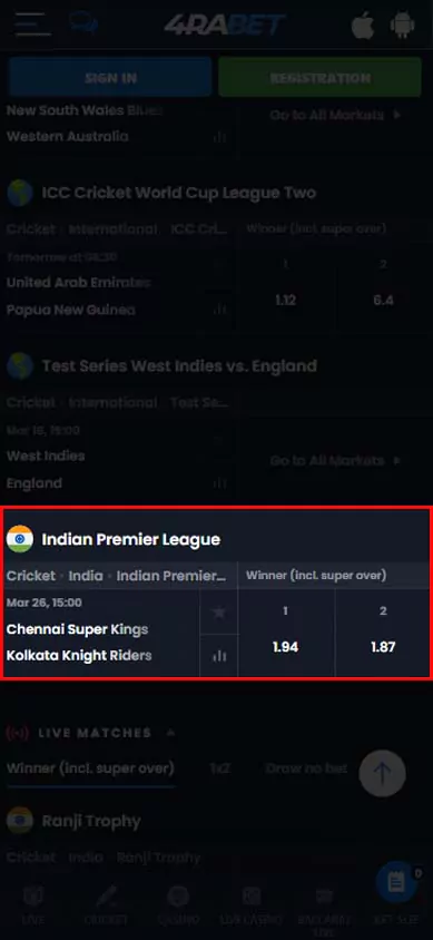 4rabet choose an IPL match.