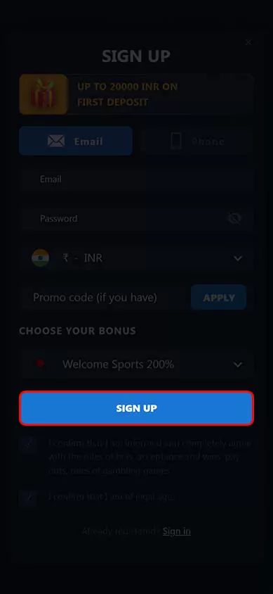 Press the sign up button on the 4rabet registration page.