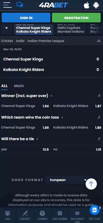 4rabet select preferable odds at the IPL.